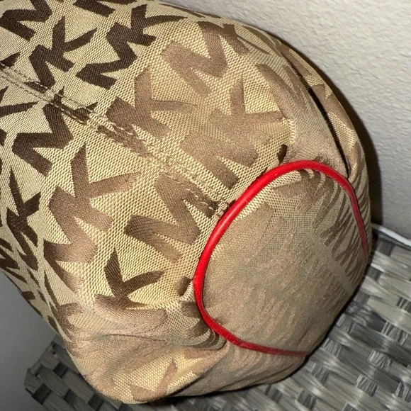 Michael Kors MK Logo Canvas Tote Bag Brown Red Leather Handles Tassel Purse - Picture 10 of 17